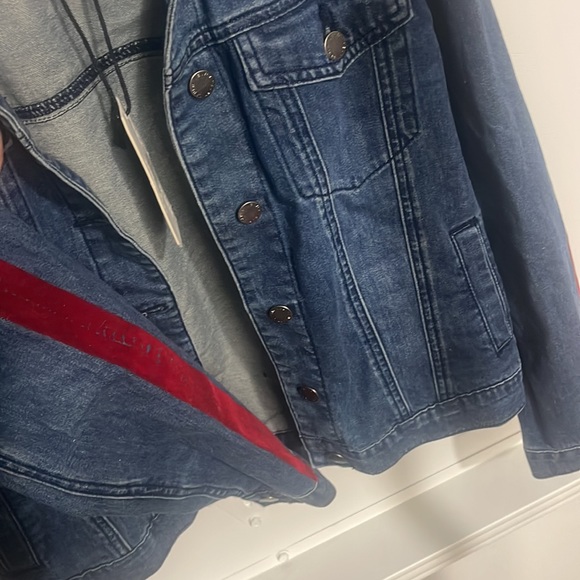 Denim jacket with red velvet stripe on sleeves - Picture 2 of 4